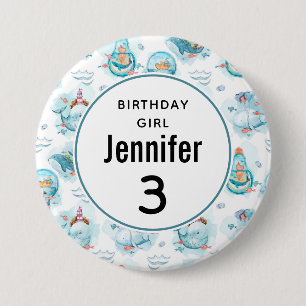 Badge Rond 7,6 Cm Anniversaire fille mignonne baleines nautiques Mot
