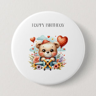 Badge Rond 7,6 Cm Anniversaire Pilote Ours en Peluche