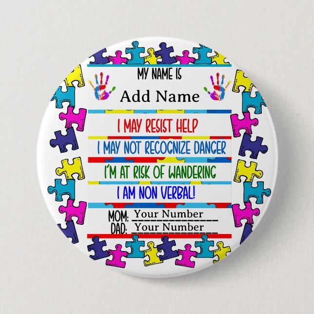 Badge Rond 7,6 Cm Autisme Alerte Pin non verbal (Devant)