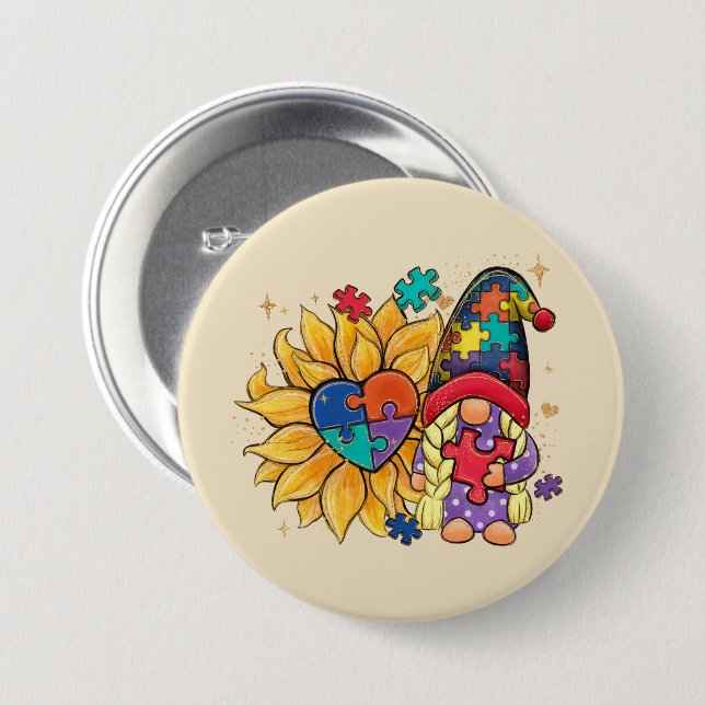 Badge Rond 7,6 Cm Autisme Tournesol Gnome (Devant & derrière)