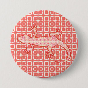 Badge Rond 7,6 Cm Batik tribal Gecko - corail rose et crème