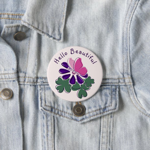 Badge Rond 7,6 Cm Bonjour Beau Papillon rose sur Fleur violette