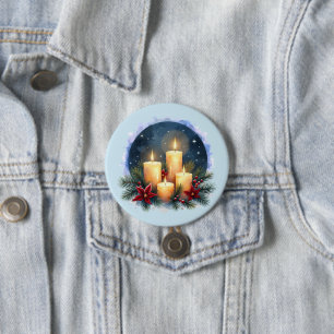 Badge Rond 7,6 Cm Bougie de Noël avec Poinsettias