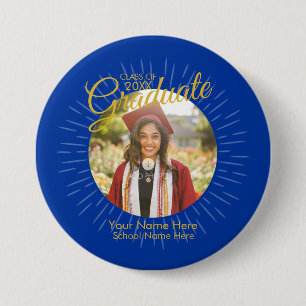 Badge Rond 7,6 Cm Bouton Bleu et Gold Star Graduate