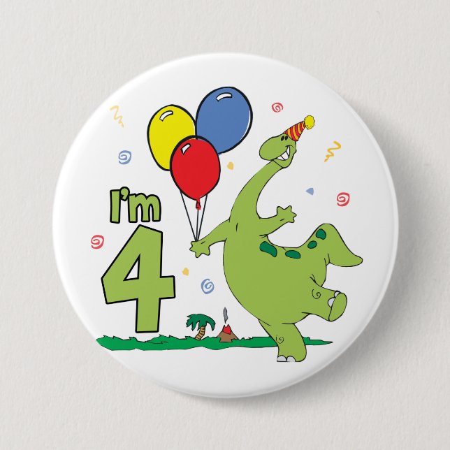 Badge Rond 7,6 Cm Bouton Dino 4th Birthday (Devant)
