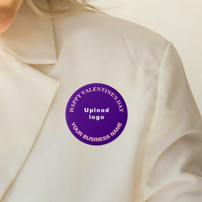 Badge Rond 7,6 Cm Bouton rond violet pour Valentin d'affaires (Business name and logo with Happy Valentine's Day greeting on purple round button.)
