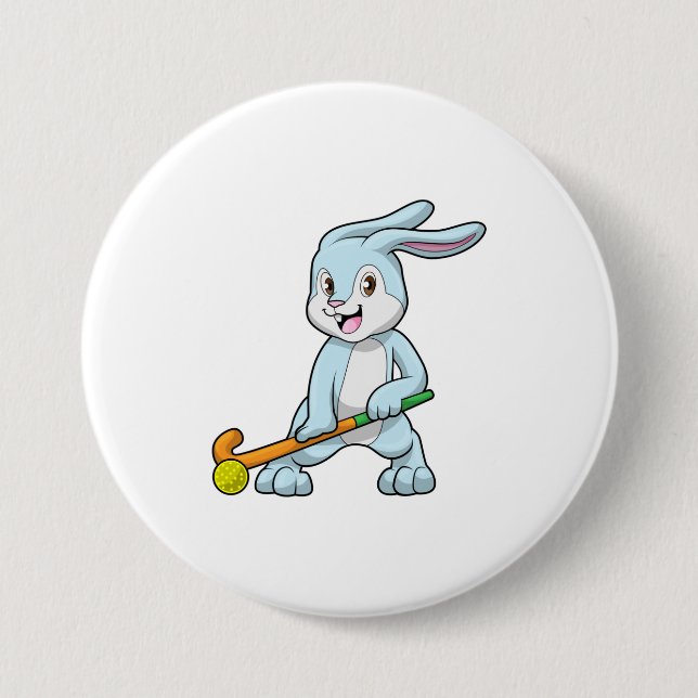 Badge Rond 7,6 Cm Bunny au hockey sur gazon avec bâton de hockey (Devant)