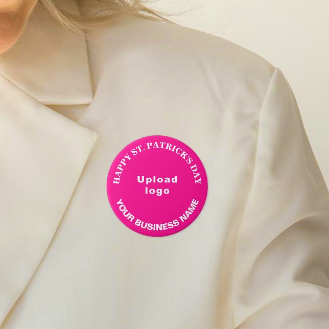 Badge Rond 7,6 Cm Business Saint Patrick Salutation sur Pink Round (Business name and logo with Happy Saint Patrick's Day greeting on pink round button.)