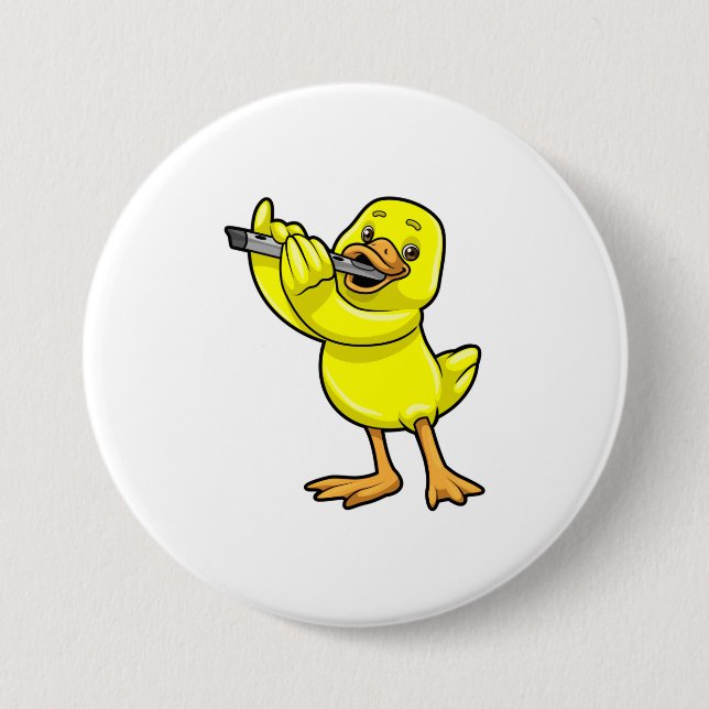 Badge Rond 7,6 Cm Canard en musique avec Flûte (Devant)