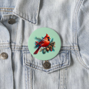 Badge Rond 7,6 Cm Cardinal sur la branche des pins avec les baies d'