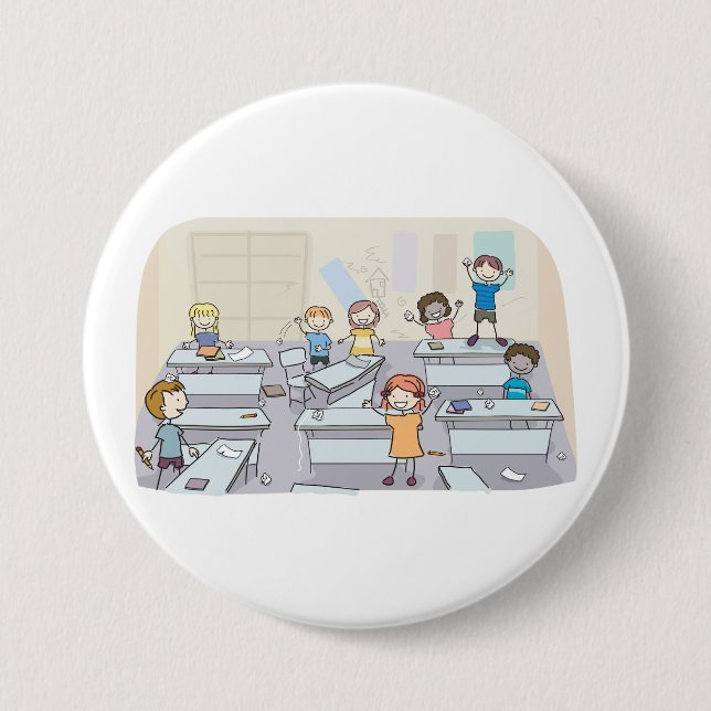Badge Rond 7,6 Cm Cartoon Classroom Chaos With Wild Students (Devant)