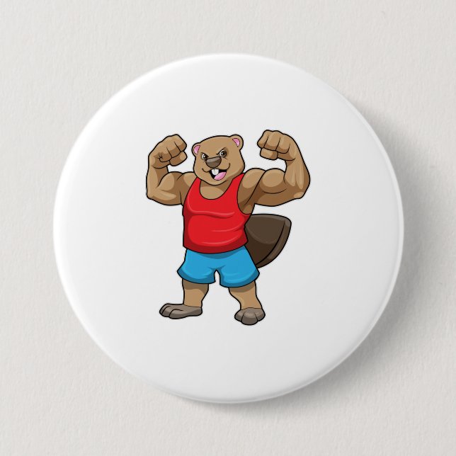 Badge Rond 7,6 Cm Castor en Bodybuilder avec gros bras (Devant)
