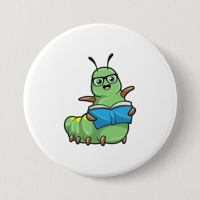 Badge Rond 7,6 Cm Caterpillar Nerd avec livre et lunettes (Devant)
