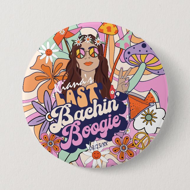 Badge Rond 7,6 Cm Célibataire Groovy 70s Dernière Fête Bachique ID92 (Devant)