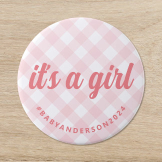 Badge Rond 7,6 Cm C'est une fille En vichy Baby shower