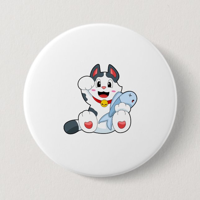 Badge Rond 7,6 Cm Chat avec poisson (Devant)