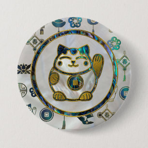 Badge Rond 7,6 Cm Chat chanceux de Maneki Neko sur la perle et