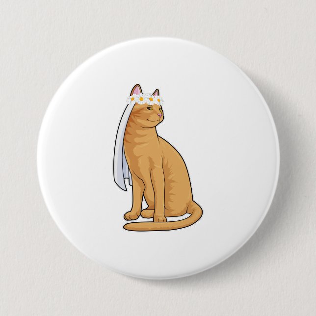 Badge Rond 7,6 Cm Chat comme Mariée avec Voile (Devant)