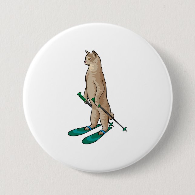 Badge Rond 7,6 Cm Chat en Ski avec Pôles de Ski & Ski (Devant)