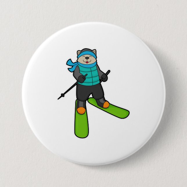 Badge Rond 7,6 Cm Chat en Skier avec Ski (Devant)