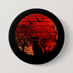 BADGE ROND 7,6 CM CHAT LUNE ROUGE NUIT AMANT DES CHATS NOIRS