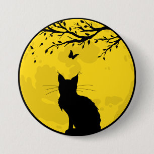 Badge Rond 7,6 Cm Chat noir Lune jaune
