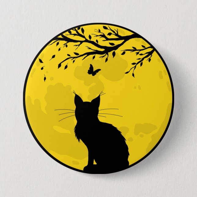 Badge Rond 7,6 Cm Chat noir Lune jaune (Devant)