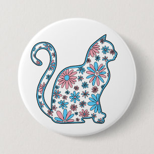 Badge Rond 7,6 Cm Chat rose bleu blanc fleurs transgenre fierté