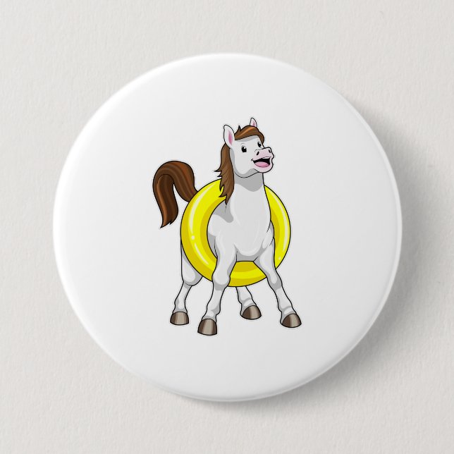 Badge Rond 7,6 Cm Cheval comme nageur avec Lifebouy (Devant)