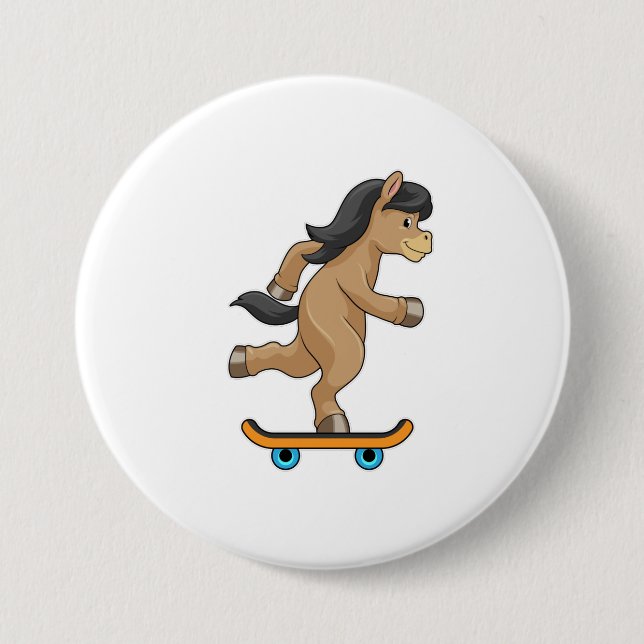 Badge Rond 7,6 Cm Cheval en Patinage avec Skateboard (Devant)