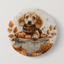 Badge Rond 7,6 Cm Chiens de l'automne Dachshund Citrouille