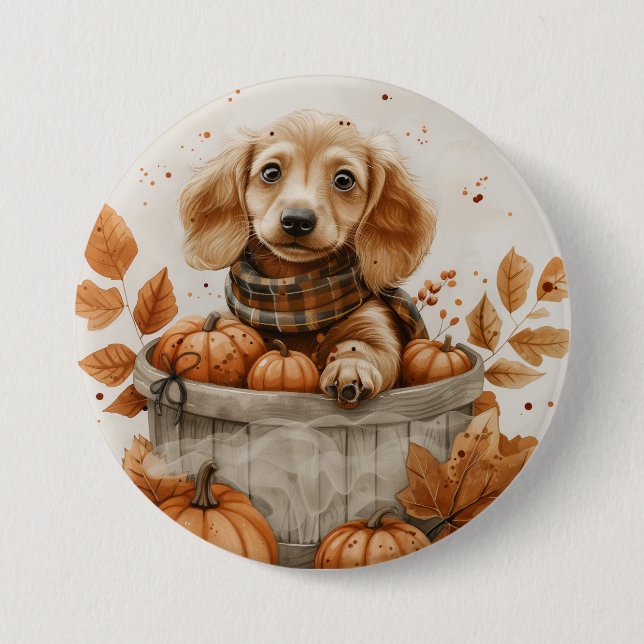 Badge Rond 7,6 Cm Chiens de l'automne Dachshund Citrouille (Devant)