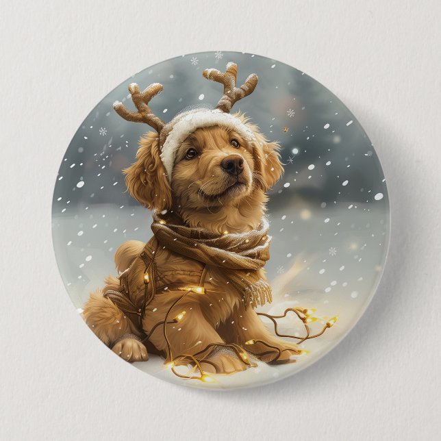 Badge Rond 7,6 Cm Chiot de Noël Golden Retriever (Devant)