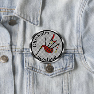 Badge Rond 7,6 Cm Chisholm Tartan Bagpipes