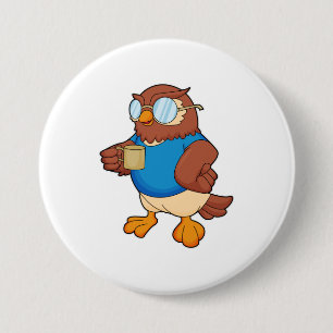 Badge Rond 7,6 Cm Chouette avec tasse de café
