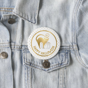 Badge Rond 7,6 Cm Citrouille blanche et chat doré pois Halloween