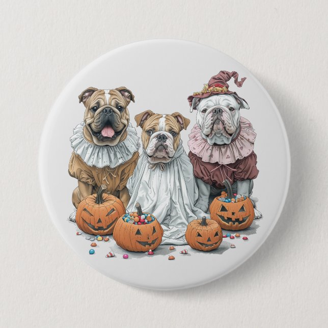 Badge Rond 7,6 Cm Citrouille des Bulldogs anglais d'Halloween (Devant)