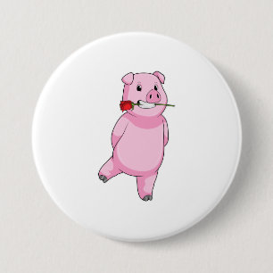 Badge Rond 7,6 Cm Cochon avec fleur Rose