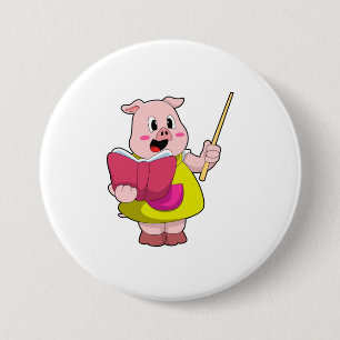 Badge Rond 7,6 Cm Cochon comme enseignant avec livre