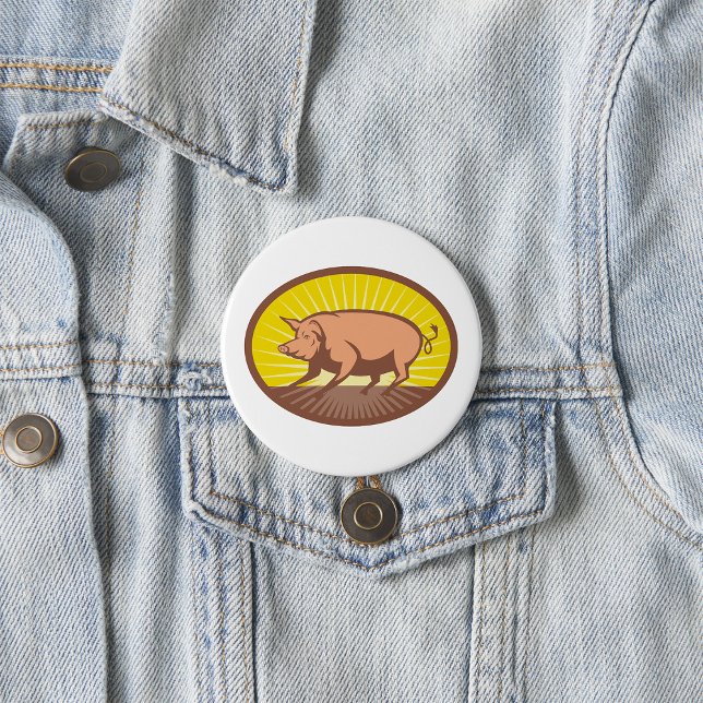 Badge Rond 7,6 Cm Cochon de ferme rétro avec Sunburst (Créateur téléchargé)