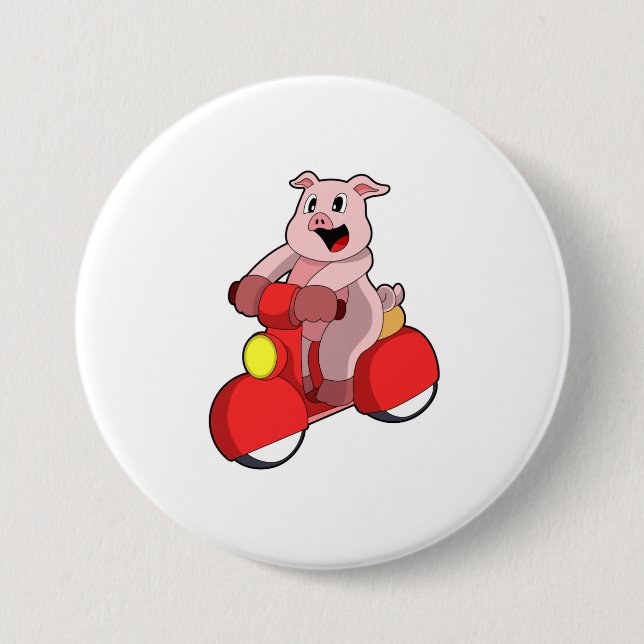 Badge Rond 7,6 Cm Cochon en vélo avec Scooter (Devant)