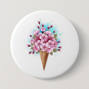 Badge Rond 7,6 Cm Cône rose Sakura crème glacée gaufre