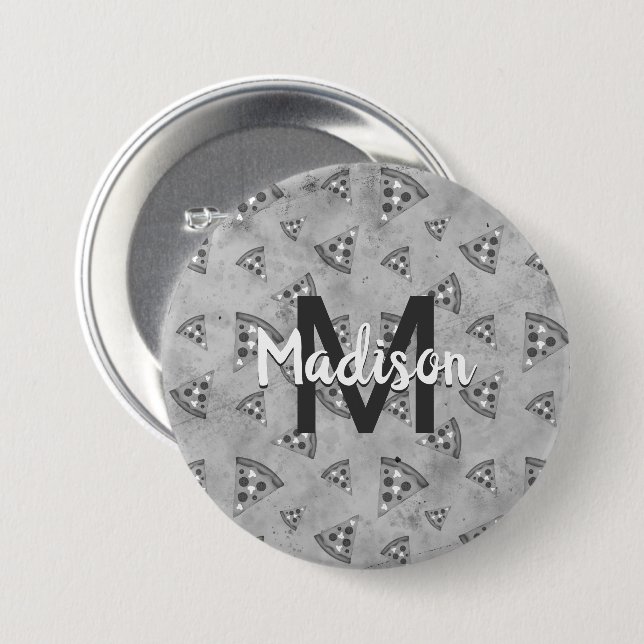 Badge Rond 7,6 Cm Cool pizza tranche vintage noir blanc gris Monogra (Devant & derrière)