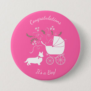 Badge Rond 7,6 Cm Corgi Chien Baby shower fille rose