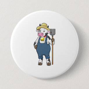 Badge Rond 7,6 Cm Cow as Farmer with Pitchfork
