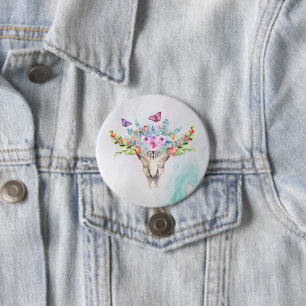 Badge Rond 7,6 Cm Crâne animal Boho avec papillons et fleurs