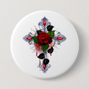 Badge Rond 7,6 Cm Croix d'argent avec une rose rouge