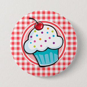 Badge Rond 7,6 Cm Cupcake mignonne sur En vichy rouge et blanc