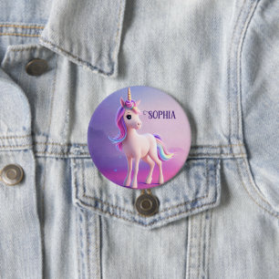 Badge Rond 7,6 Cm Cute Unicorne Blanche Avec Rose & Bleu Mane