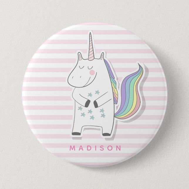 Badge Rond 7,6 Cm Cute Unicorne - rose rayé (Devant)